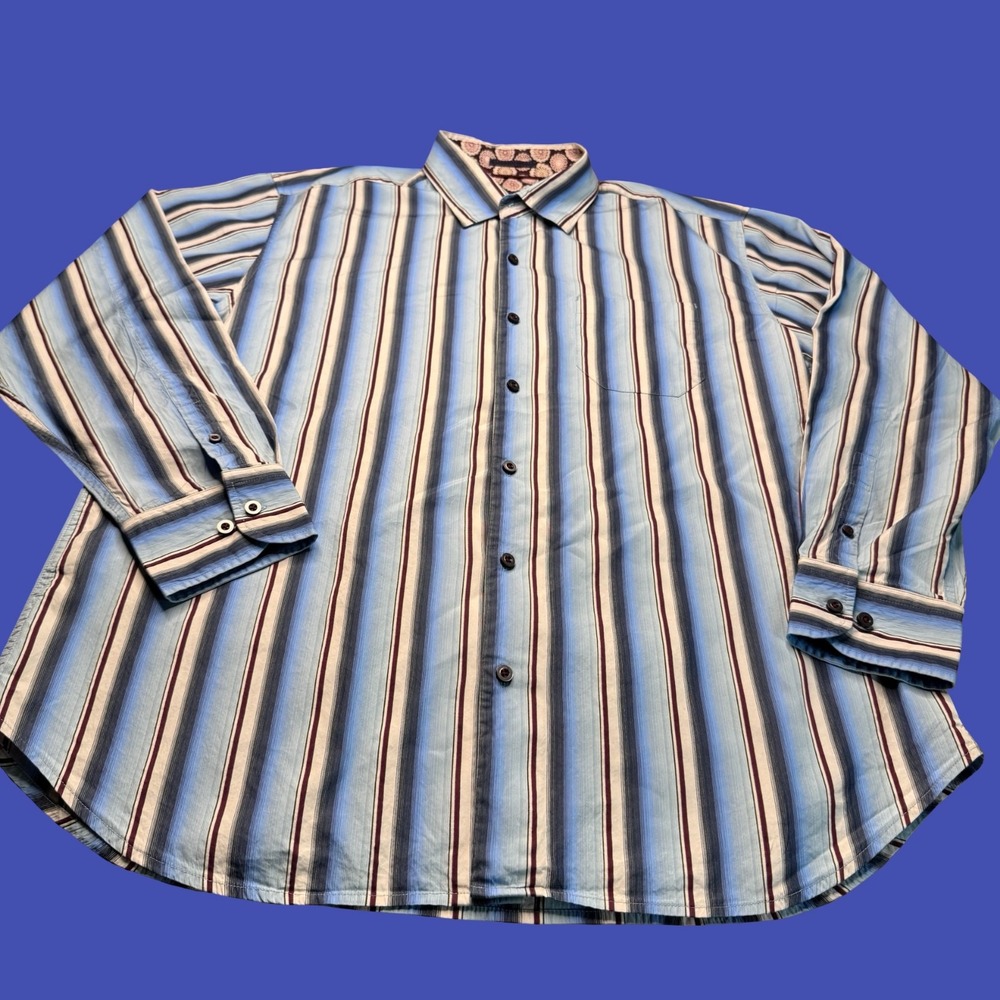 Tommy Bahama Striped Shirt XL Long Sleeve Blue Burgundy Casual Silk Blend